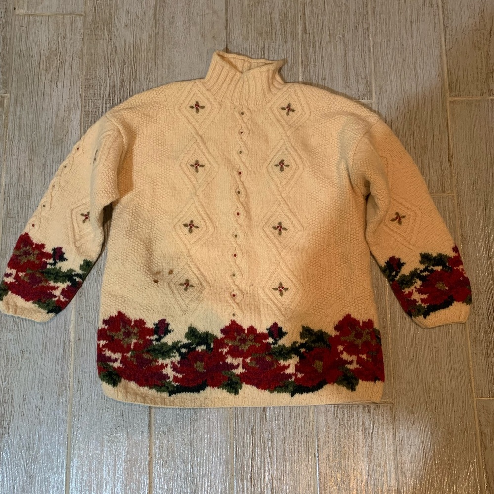 VTG L.L. Bean Sweater Women's Large 100% Pure Wool Poinsettia Flowers Pullover